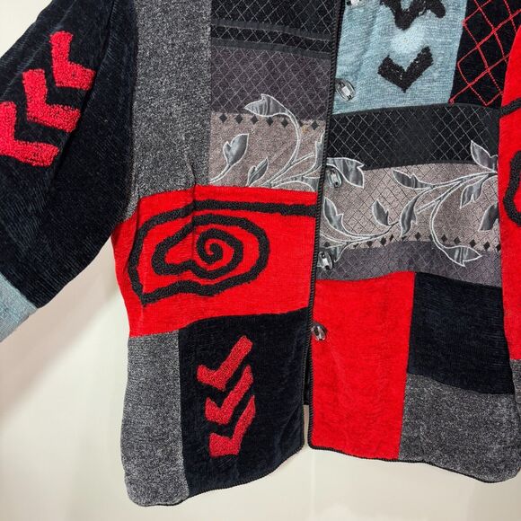 VTG Red Gray Chenille Embroidered Patchwork Jacket Womens XL Artsy 80s Abstract - Picture 3 of 11